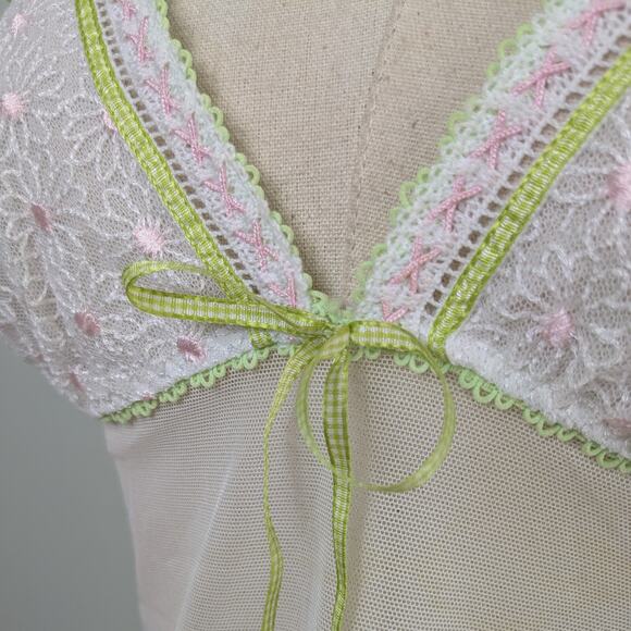 Y2K Sheer Slip Babydoll M Cream Green Vintage Floral Lace Fairy Dainty Nightgown - Picture 11 of 13